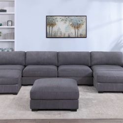 XL Modular Corduroy Sectional Sofa With Ottoman