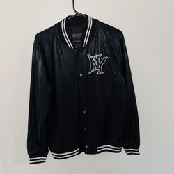 Black leather varsity jacket with white accents