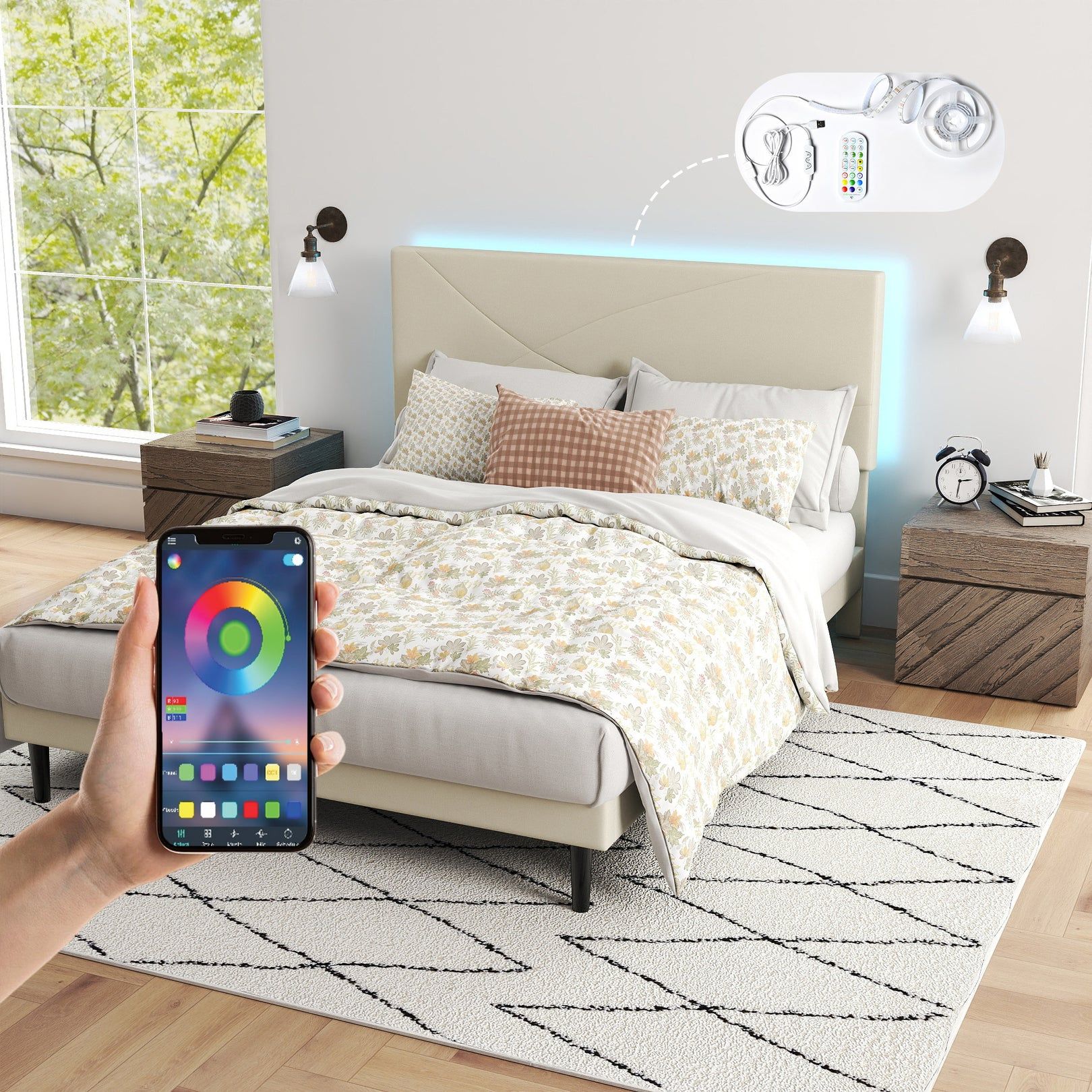 Foothill Modern Upholstered Bed Frame with LED Headboard, Queen