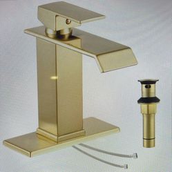 KUZOR Gold Waterfall Bathroom Sink Faucet, Brushed Gold Finish, Single Handle