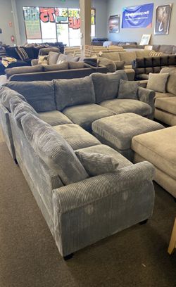 Plush Grey Sectional Sofa And Ottoman, Sectionals, Sofa, Couch, Grey Couch, Grey Sofa, L-Shaped Sofa, Plush Sectional Couch,Living Room Sofa