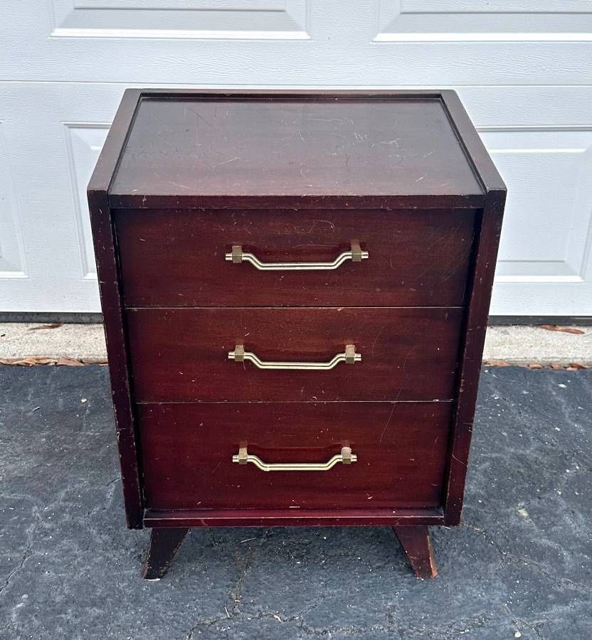 Vintage Mid Century All Wood Three Drawer Side End Nightstand Accent Table