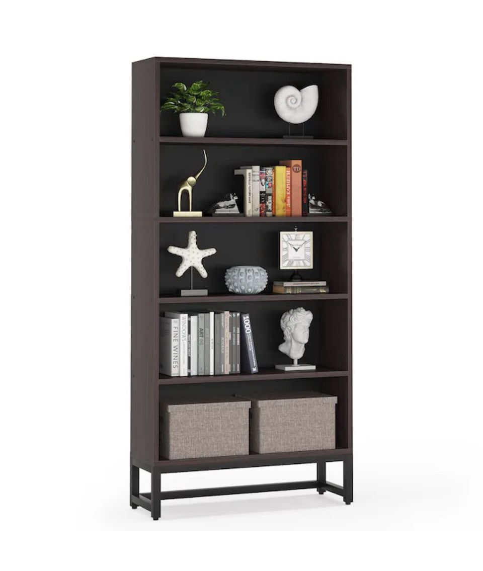 New - Large Bookcases Organizer with 5-Tier Storage Shelves Retro Brown...