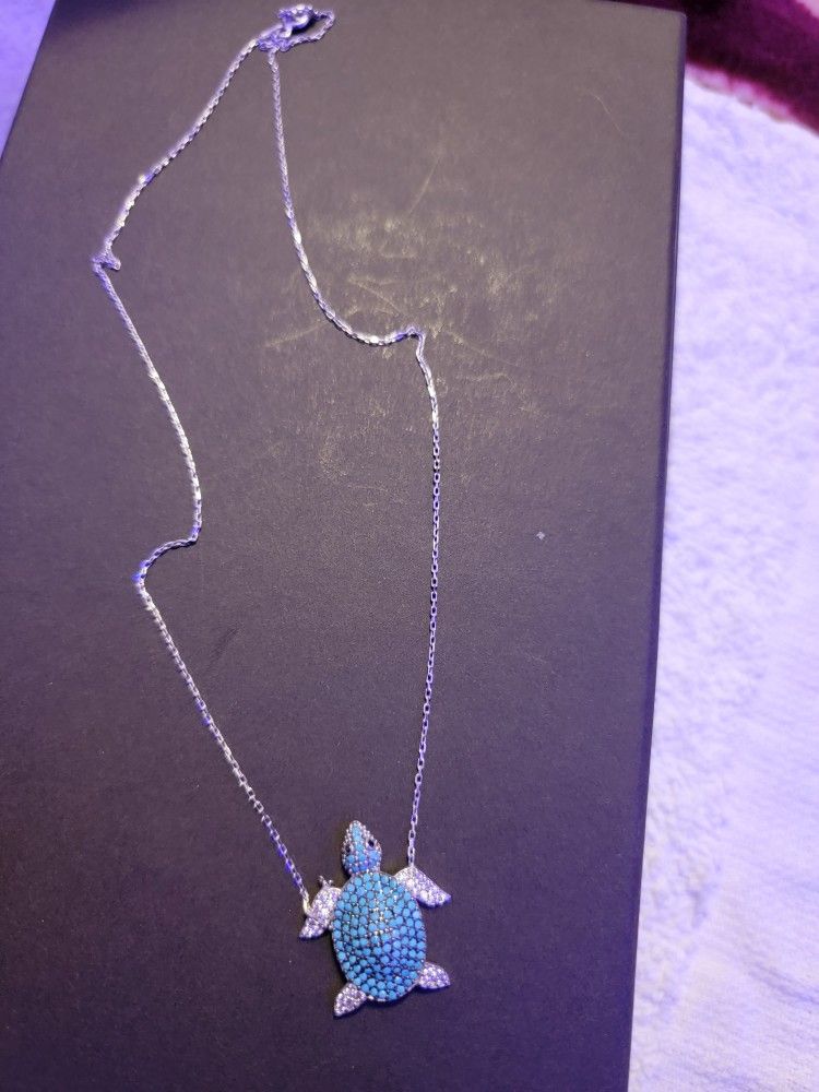 Turquoise Turtle Czs 18 Inch Sterling Silver Necklace