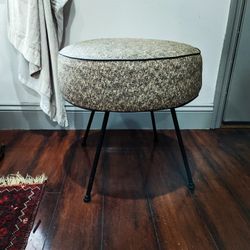 MCM Round Black And White Vinyl Stool With Iron Legs 