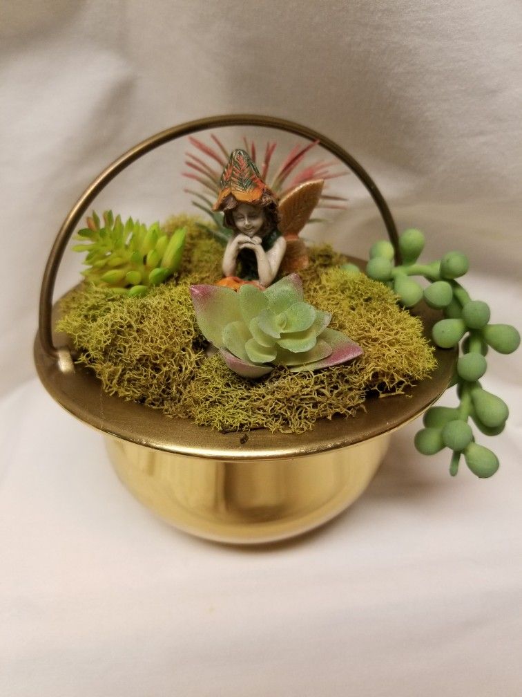 Fairy In Mini Succulent (Artificial) Garden In Brass Bowl With Handle