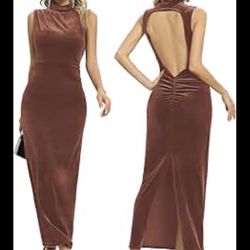Backless Velvet Maxi Dress Back Slit Ruched Bodycon Formal Dress High