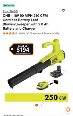 Shop RYOBI ONE+ 18V 90 MPH 250 CFM Cordless Battery Leaf Blower/Sweeper with 2.0 Ah Battery and Charger