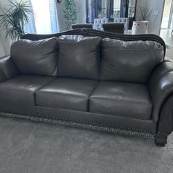 Ashley Malacara Genuine Leather Sofa & Loveseat Set – Quarry Gray – Excellent Condition