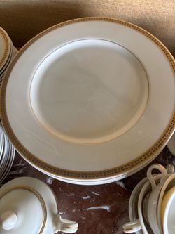 White Porcelain Dinnerware Set with Gold Border
