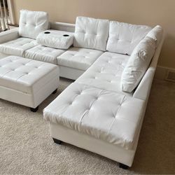 Brand New White/Black L Shape Leather Sectional Sofa W Cup Holders - Ottoman | Same Day Deliver 