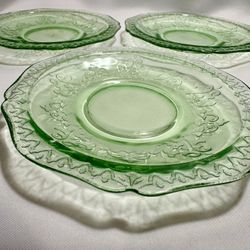 Set Of 3 Green Depression Glass Patrician/Spoke 6” Saucers.