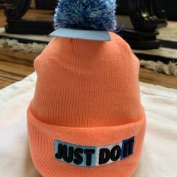 Nike Girls 4/6X “Just Do It” Orange Pulse Beanie w/Blue Pom Pom 3A2736 - N3L