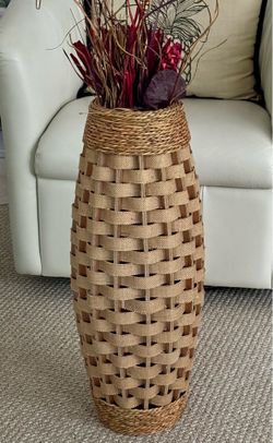 24” Woven Wood and Rattan Decorative Floor Vase