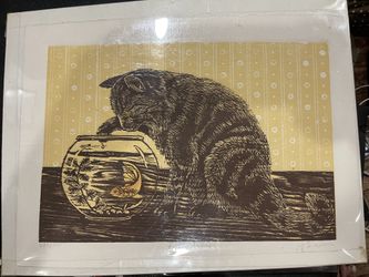 Joyce Simpson "Fishing Feline" Signed Woodblock Print, Limited Edition 233/500
