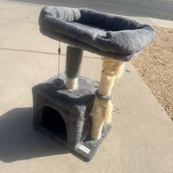 Hapineko 27” Grey Cat Tree Stand with Bed and Scratch Post