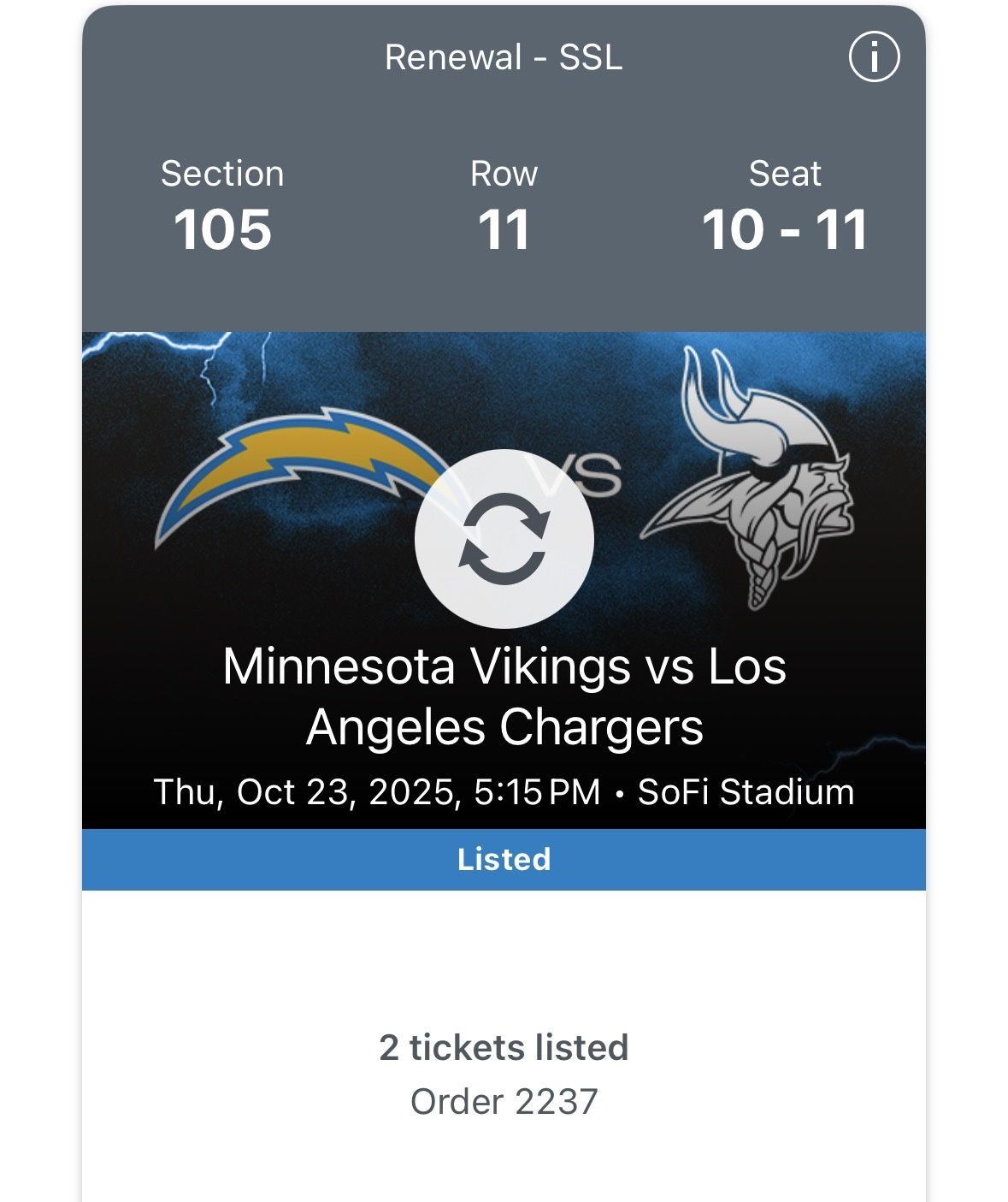 Minnesota Vikings Versus Los Angeles Chargers Tickets