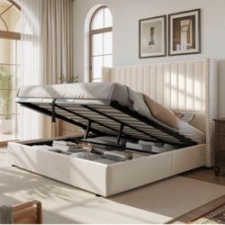 Brand New In Box Upholstered King Size Lift up Storage Bed Frame, Platform Bed Velvet with Channel Tufted Wingback Headboard, No Box Spring Needed, Cr