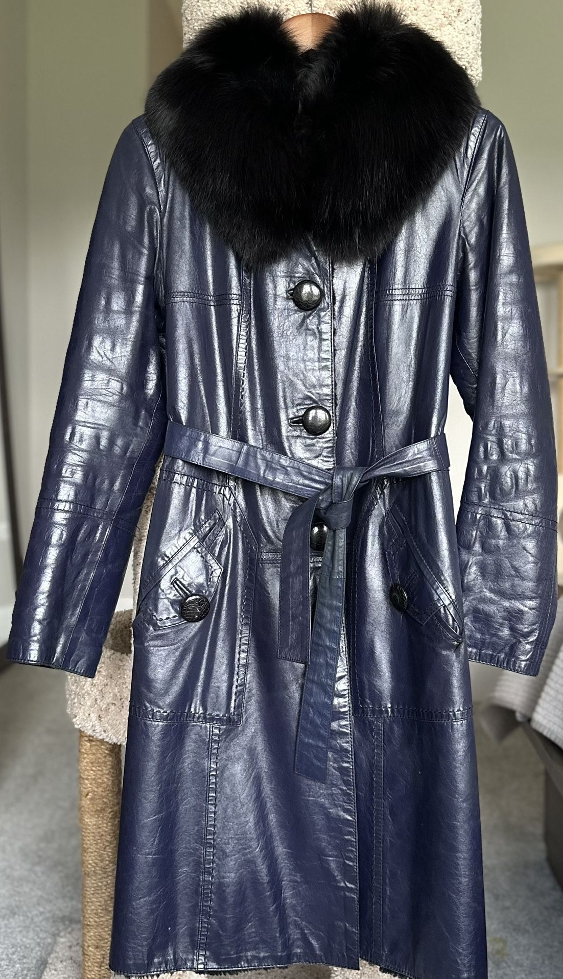 Leather Shearling Coat with Fox Collar