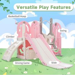 Toddler Swing and Slide Set 5 in 1 Kids Climber Slide Playset with Basketball Hoop F-18