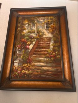 Painting of terracotta staircase to villa.