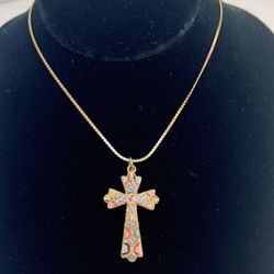 Vintage Italian Micro Mosaic Gold Tone Floral Cross Pendant & Chain - 16” 