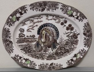 Vintage Thanksgiving TURKEY PLATTER Traditional Transferware His Majesty 18" x 13.5"