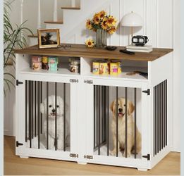 Dog Crate for 2 Dogs, 41" Dog Crate Furniture with Removable Divider, Storage Shelves and Wide Desktop for Small to Medium Dogs, White