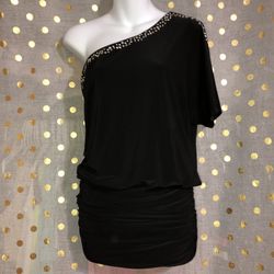 B. darling size 5/6 black rhinestone one shoulder mini dress ARMPIT TO ARMPIT: 34” LENGTH: 33”
