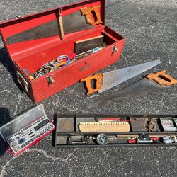 Vintage Large Craftsmen Red Tool Box with Tools and (3) Vintage Craftsmen Hand Saws! 30x9x10in