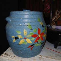 Vintage Beehive Crock Earthenware Pottery Blue Speckled Flowers