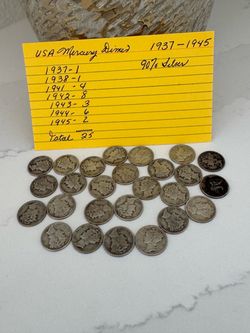 Coin Collectors. Lot of 25 USA Mercury Dimes 1937–1945. Silver
