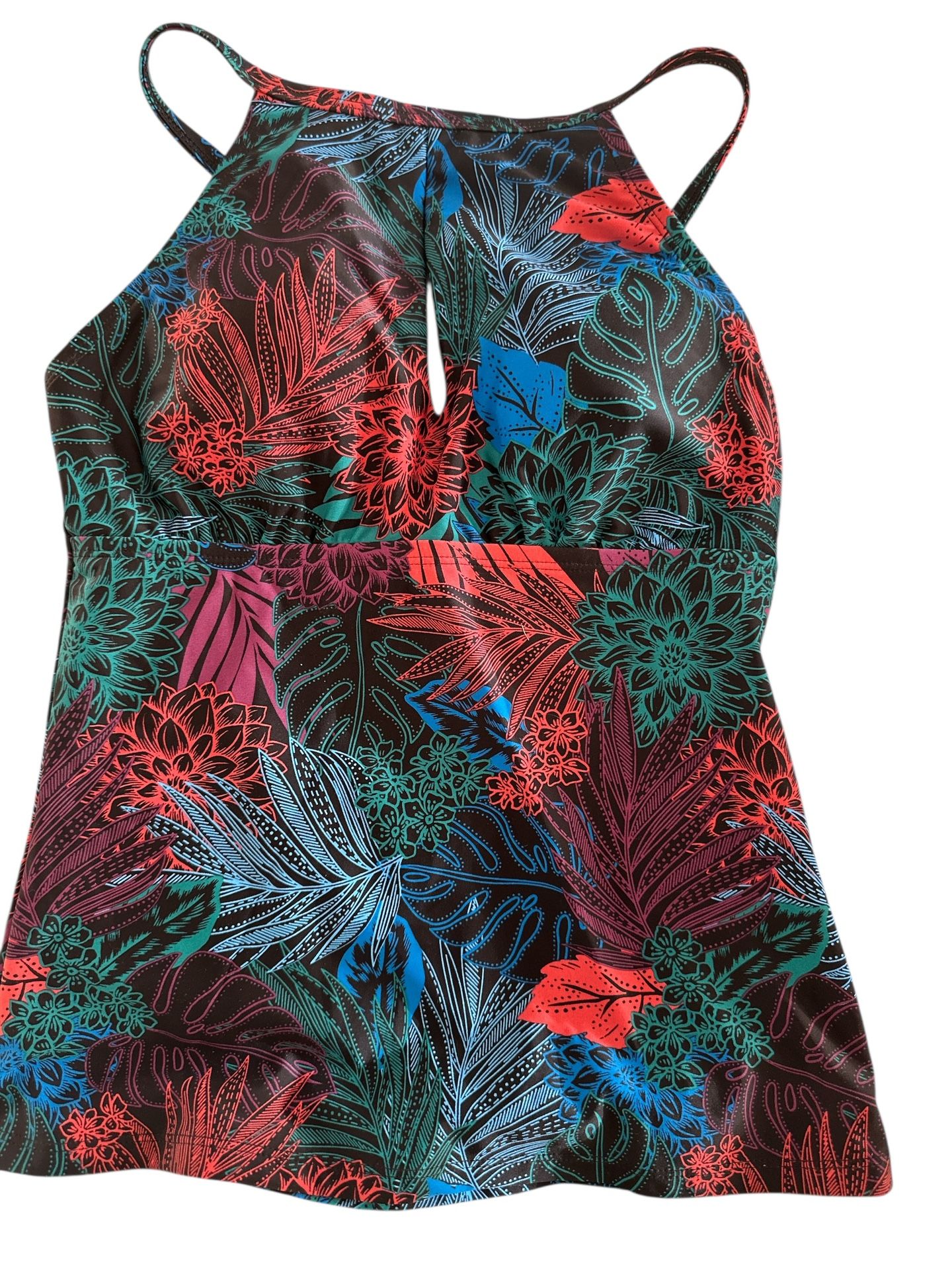 NWT Ellen Tracy Tankini Floral Black Blue Orange Red Built in Bra Sz 6