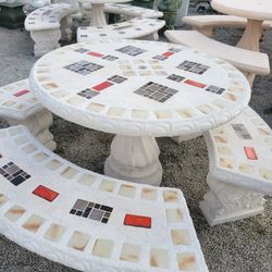 Concrete Mosaic Picnic Table with 3 Benches/ Outdoor Patio Furniture / Patio Set