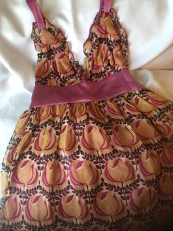 Puella Mini Dress Size Small With Pink Halter Tie & Mustard/yellowish Flowers Printed On Dress
