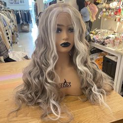Human hair blend lace front ash gray blonde highlights wavy wig