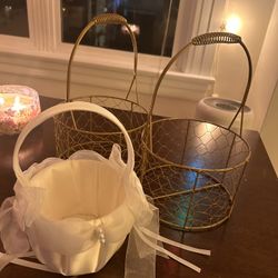 2 Metal Gold Colored Baskets, 1 Ivory Flower Girl Basket