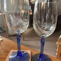 Lenox Lead Crystal Wine Glass Swag Drape Cobalt Blue Stem 22K Gold Rim 8" H