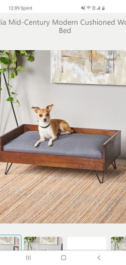 gdf studios dark oak doggie bed with grey cushion, still in original box. retails for over 70.00