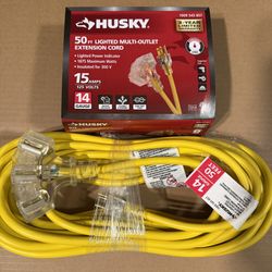 Husky 50 ft. 14/3 Medium Duty Indoor/Outdoor Extension Cord with Multiple Outlet Triple Tap Lighted End, Yellow