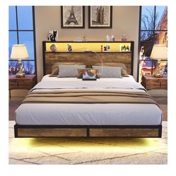 BedsPick Queen Size Bed Frame with 2-Tier Storage Headboard, Sturdy Metal Platform Bed Frame with Charging Station & LED Lights, Noise-Free/Metal Supp