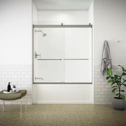 Shop KOHLER Levity 54-57 in. W x 60 in. H Semi-Frameless Sliding Tub Door in Nickel with 1/4 in. Thick Frosted Tempered Glass