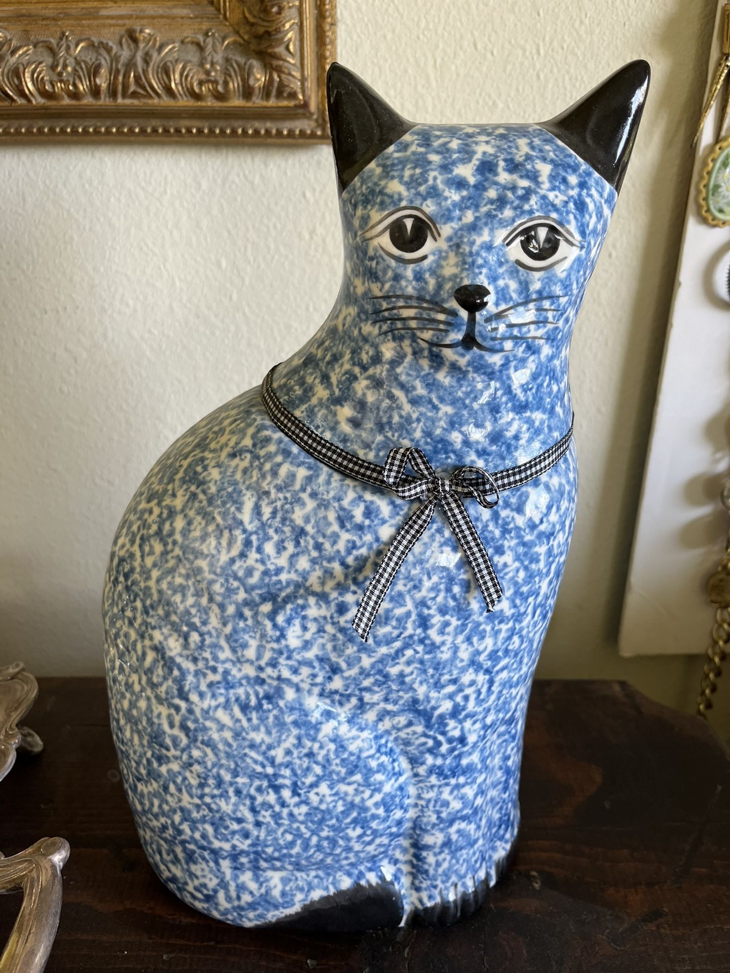 Vintage Folk Art Cat Cookie Jar Porcelain