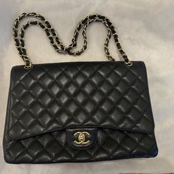 Authentic Single Flap Chanel Maxi Caviar Leather 24k Gold Plated Logo
