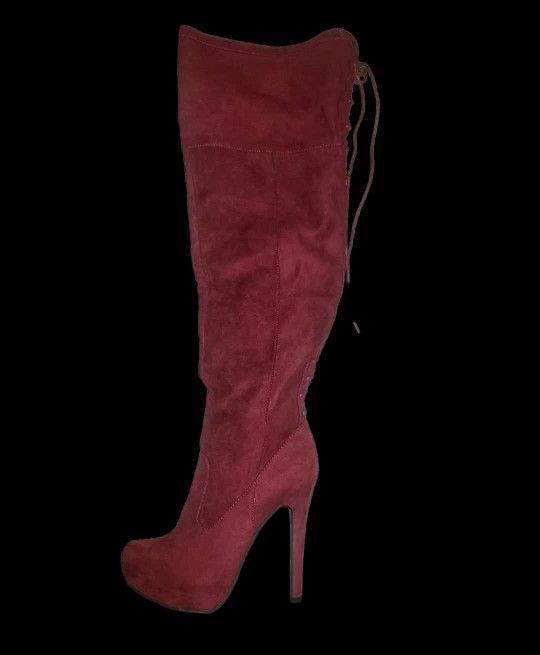Thigh-high Boots, Over-the-knee, Wine Color, Size 8
