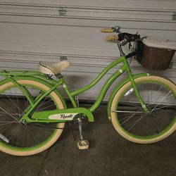 Bright green cruiser bike — basket & rear rack — great for errands