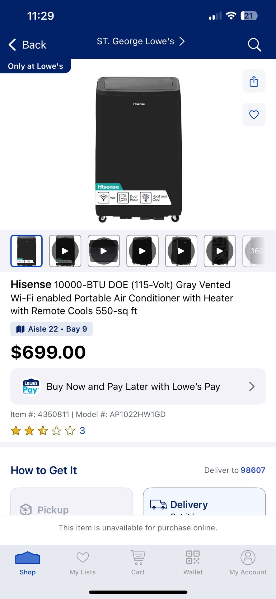 New Hisense 10000-BTU DOE (115-Volt) Gray Vented Wi-Fi enabled Portable Air Conditioner with Heater with Remote Cools 550-sq ft