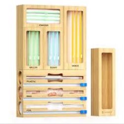 8-in-1 Bamboo Storage Bag Organizer For Kitchen Drawer Or Wall, Plastic Wrap, Foil, Wax Paper Dispenser With Razor Cutter, Fits Gallon, Quart, Sandwic
