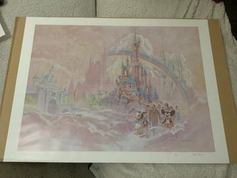 THE SUN NEVER SET ON DISNEY MAGIC SIGNED LITHOGRAPH FOR OPENING OF EURO DISNEYLAND # 4571/5000 (YEAR 1992) IN FRAME W/ PLEXIGLASS