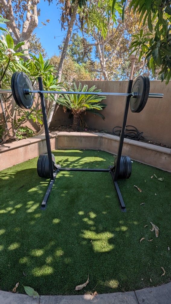 Weight Rack, Bumpers, Barbell
